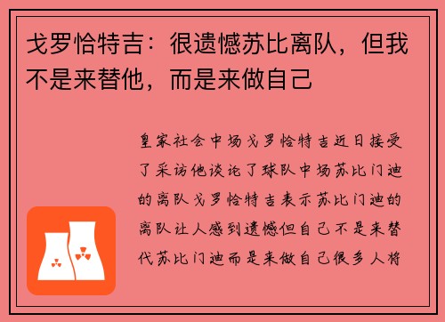 戈罗恰特吉：很遗憾苏比离队，但我不是来替他，而是来做自己